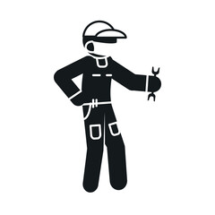 pictogram car mechanic with protective mask and holding a wrench, silhouette style