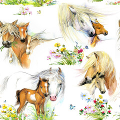 Seamless pattern with cute horses and foal on summer field. cartoon farm animals watercolor illustration. © Елена Фаенкова