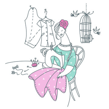 recommend clip art: Seamstress, tailor sews on a sewing machine.