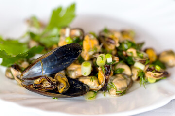 creative serving fried mussels with herbs, selective focus. As backdrop for menus, cookbooks, advertisements and other culinary projects