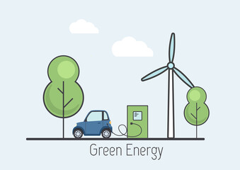 Little electric car charging at the station. Green energy generated by wind turbine