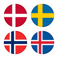 set of round icons flags. denmark, sweden, norway and iceland flags, isolated on white background 