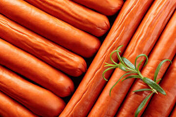 Close-up of smoked sausages with rosemary.