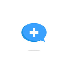 White cross symbol on blue chat bubble icon as indicator for joining activity. Vector illustration.