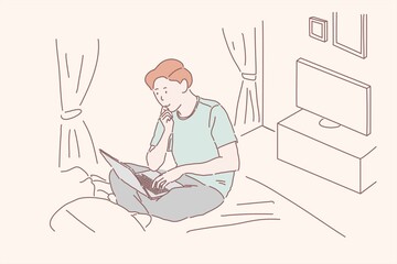 Man using laptop computer for concept work form home learning for internet shopping online or reading news.