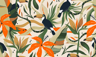 Modern exotic jungle plants illustration pattern with toucan bird. Creative collage contemporary floral seamless pattern. Fashionable template for design.