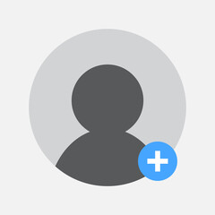 Add person and user to chat icon design with blue plus sign. Vector illustration.
