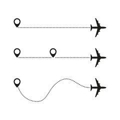 The route of the plane with dotted lines. Tourism and travel. Simple vector illustration