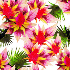 Fototapeta na wymiar Tropical flowers with palm leaves, seamless pattern.
