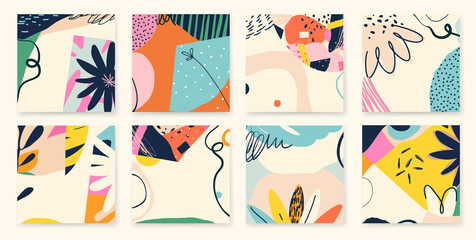 Trendy colorful set of abstract artistic backgrounds. Modern hand drawn vector illustrations. 