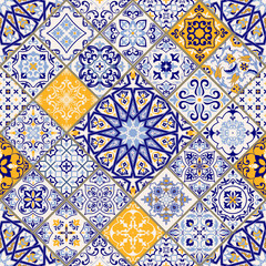 Seamless colorful patchwork in turkish style. Hand drawn background. Azulejos tiles patchwork. Portuguese and Spain decor. Islam, Arabic, Indian, ottoman motif. Perfect for printing on fabric or paper