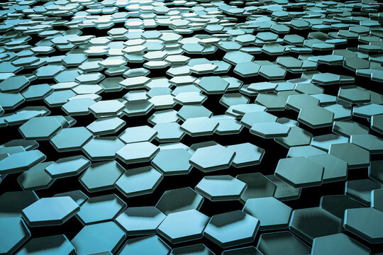 Abstract hexagon background with glowing light. 3D rendering illustration. © Kris Tan