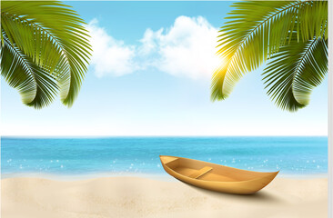 Fototapeta na wymiar Summer vacation background with tropical beach, a palm tree, blue sea and a pleasure boat. Vector.