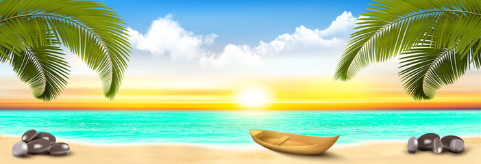 Summer vacation panorama. Tropical beach with a coco palm tree, blue ocean with a boat and sunset sky with clouds. Vector.