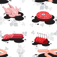 seamless pattern of meat chicken sausage sausage steak ribs on a white background. Vector image