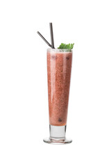 Glass of strawberry smoothie isolated on white background