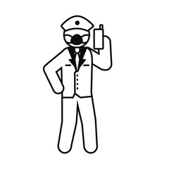 pictogram policeman with protective mask and holding a cellphone, line style