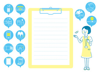 説明する女性看護師と医療のアイコン