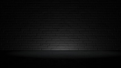3D background of black brick wall and black concrete floor with bottom light.