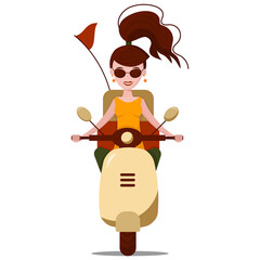 Young woman courier riding a scooter. Girl on a motorcycle.  Scooter  courier. Fast  delivery of food and things. Stylish beauty in sunglasses. Vector illustration in flat cartoon style.