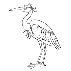 Gray heron.  Black and white picture in cartoon style. Isolated on white background. For coloring book. Vector illustration. 