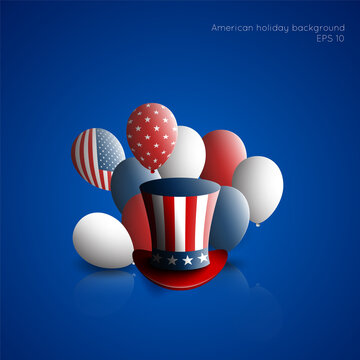 Fourth of july. Independence day of the USA. Holiday background with patriotic american signs - president's hat, balloons, stars and stripes.