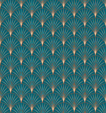 Vintage style elegant Art Deco Seamless Fan Pattern in copper metallic gradient on dark turquoise background. Retro style texture vector pattern.