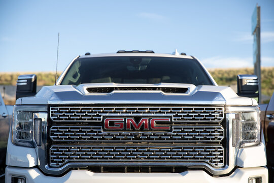NAMPA, IDAHO - APRIL 28, 2020: GMC truck on display at a car lot in Nampa for sale