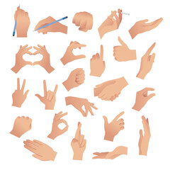 Gesturing. Set of hands in different gestures , hand showing signal or sign collection, on white background isolated vector illustration