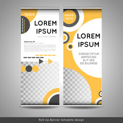 Roll Up banner layout template design with circles background and place for photo.