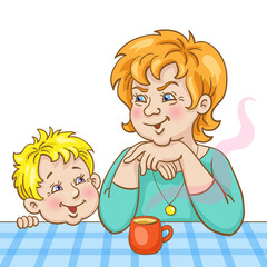 Mom and little son are sitting over a cup of tea.  In cartoon style. Isolated on white background. Vector illustration. 