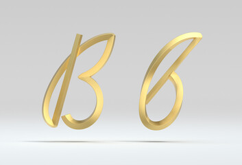 3d illustration of the letter B in gold metal on a white isolated background