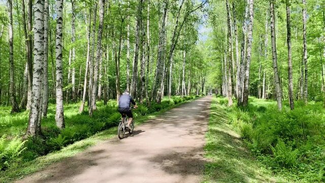 The older men passes on bicycle in park, spring in a forest, long shadows of trees, blue sky, Buds of trees, Trunks of birches, sunny day, path in the wood
