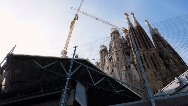Barcelona, Catalunya / Spain - 24.01.2020: Construction site with cranes at Sagrada Familia