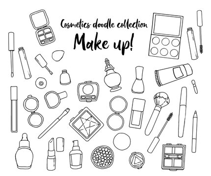 Hand drawn vector illustration in doodle style, collection of various cosmetic products. Make up set. Isolated clipart elements for design about beauty and fashion. 