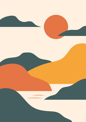 Simple vector landscape poster with hills, sun, sea, vintage oriental style. Warm retro red, yellow, beige, green. Trendy vertical print for t-shirt, cover, decor. EPS10, editable.