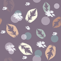 Hand-drawn seamless pattern with floral print. Abstract autumn leaves and white flowers on  purple background. Vector pattern for printing on fabric, gift wrapping, covers, wallpapers.