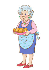Cute grandmother stands with a plate of pies in her hands.  In cartoon style. Isolated on white background. Vector illustration.