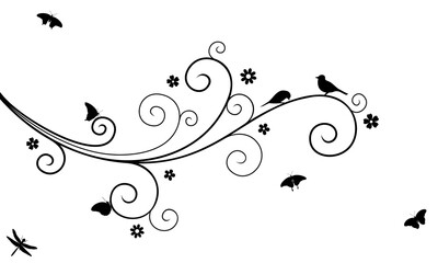 Vector illustration of abstract, swirl, decorated with blooming flowers tree branch with couple of birds, butterflies and dragonfly, in black color, isolated, on white background.