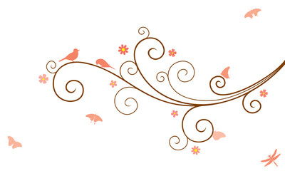 Vector illustration of abstract, swirl, decorated with blooming flowers tree branch with couple of birds, butterflies and dragonfly, in color, isolated, on white background.