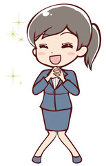 嬉しくて笑顔で喜ぶアニメ風の女性会社員
