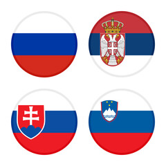 set of round icons flags. russia, serbia, slovakia and slovenia flags, isolated on white background 