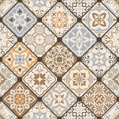 Seamless colorful patchwork. Hand drawn background. Azulejos tiles patchwork. Traditional ornate Portuguese and Spanish decorative tiles azulejos. Abstract background. Ceramic tiles. Vector