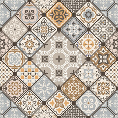 Seamless colorful patchwork. Hand drawn background. Azulejos tiles patchwork. Traditional ornate Portuguese and Spanish decorative tiles azulejos. Abstract background. Ceramic tiles. Vector - 354964262