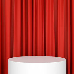 White cylinder podium with red curtains background