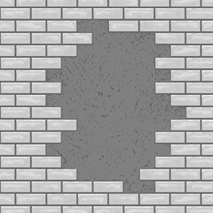 Vector illustration of broken brick wall with hole and copy space. Frame of white and gray bricks for design, card, banner. Stones backdrop with gap in center.