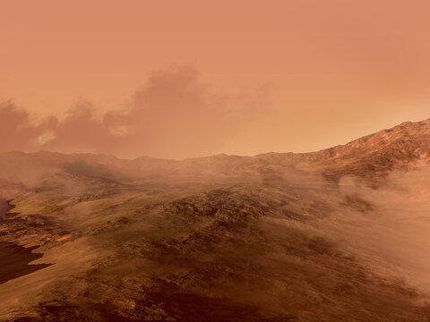 Mars red rocky terrain and fog