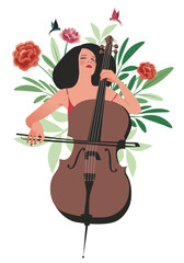 Beautiful girl playing the cello surrounded by birds, leaves and flowers © LaInspiratriz