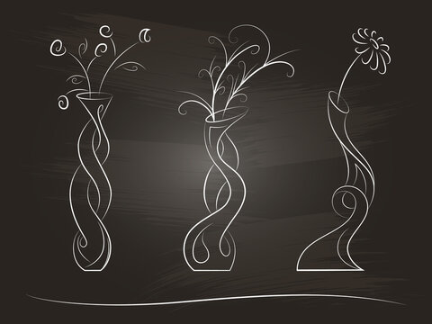 Set of hand-drawn stylized vases with flowers on a chalkboard. Isolated
