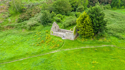 Aerial view of Raheen-a-Cluig medieval church in Bray, County Wicklow, Ireland